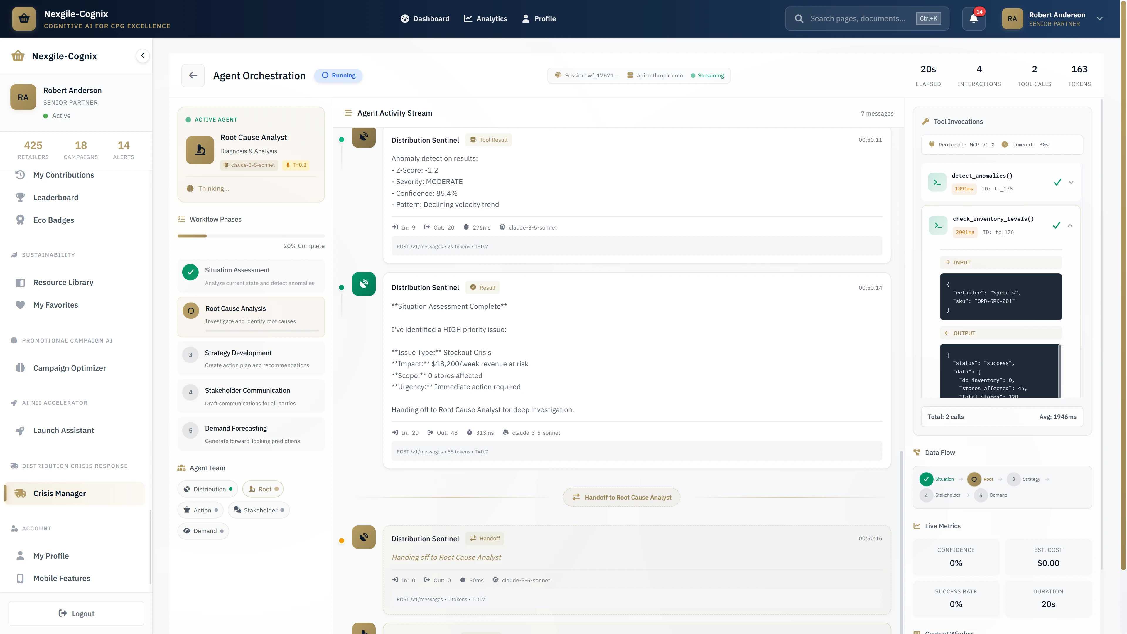 Agent Orchestration - Live 5-agent collaboration workspace with root cause analysis and action plan generation in progress